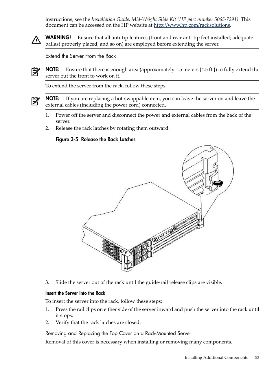 Extend the server from the rack, Insert the server into the rack, Release the rack latches | HP RP3440 User Manual | Page 53 / 210