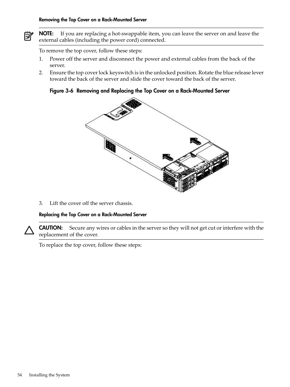 Removing the top cover on a rack-mounted server, Replacing the top cover on a rack-mounted server | HP RP3440 User Manual | Page 54 / 210