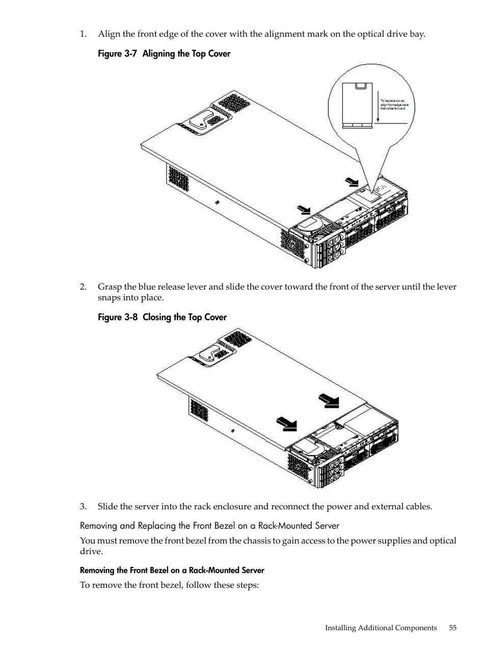 Removing the front bezel on a rack-mounted server, Aligning the top cover, Closing the top cover | HP RP3440 User Manual | Page 55 / 210