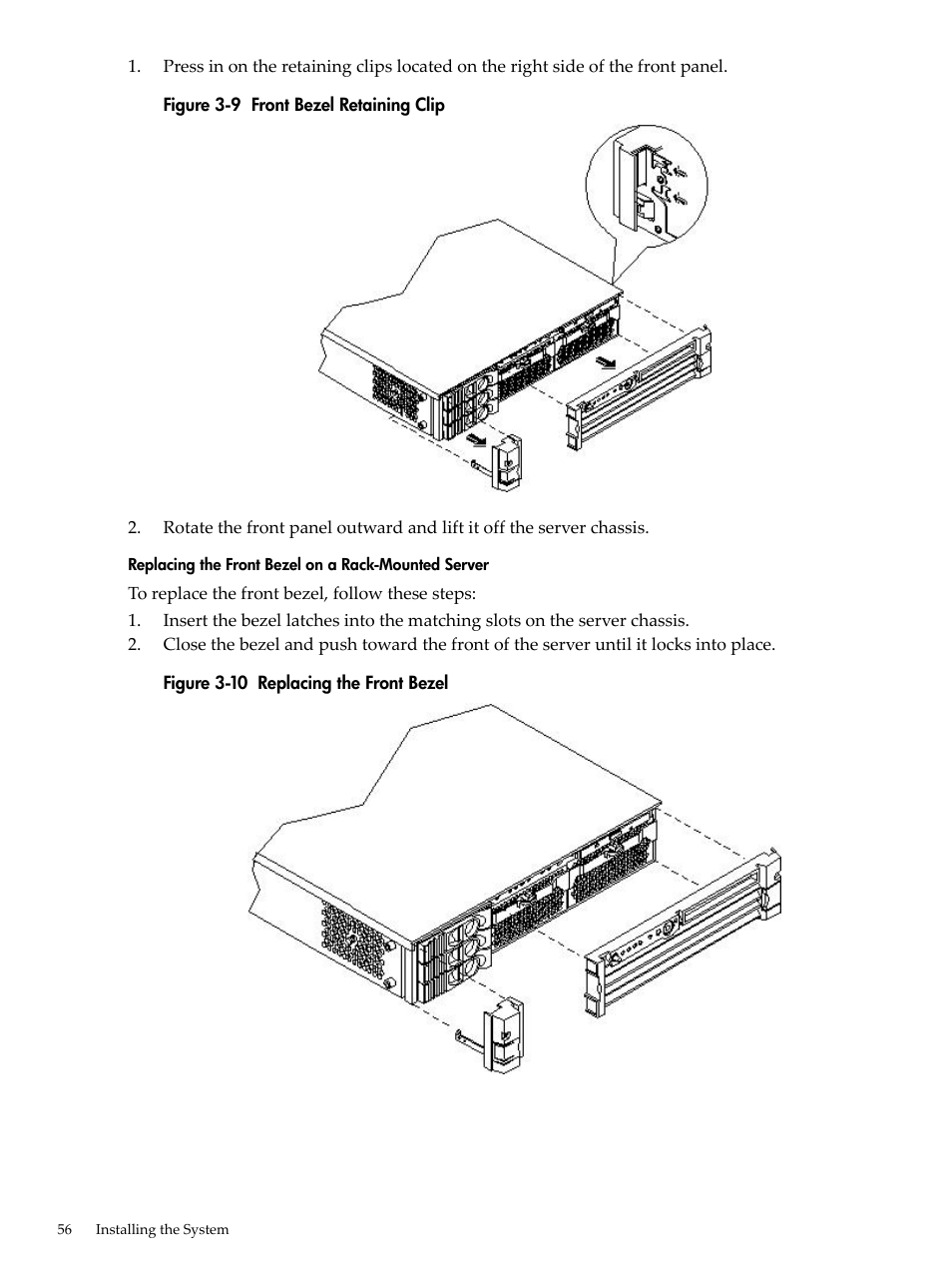 Replacing the front bezel on a rack-mounted server, Front bezel retaining clip, Replacing the front bezel | HP RP3440 User Manual | Page 56 / 210