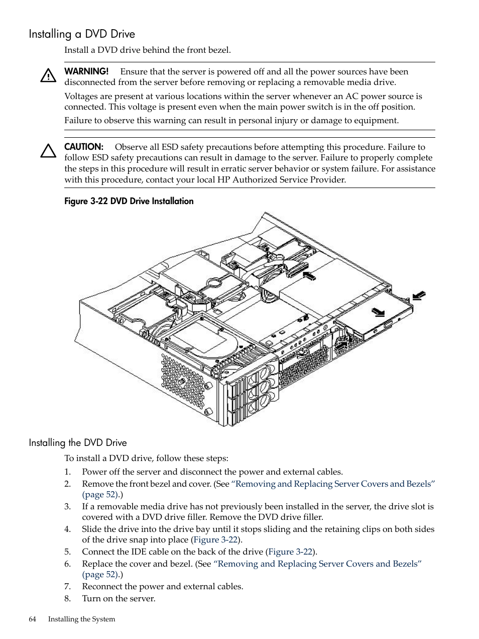 Installing a dvd drive, Installing the dvd drive, Dvd drive installation | HP RP3440 User Manual | Page 64 / 210