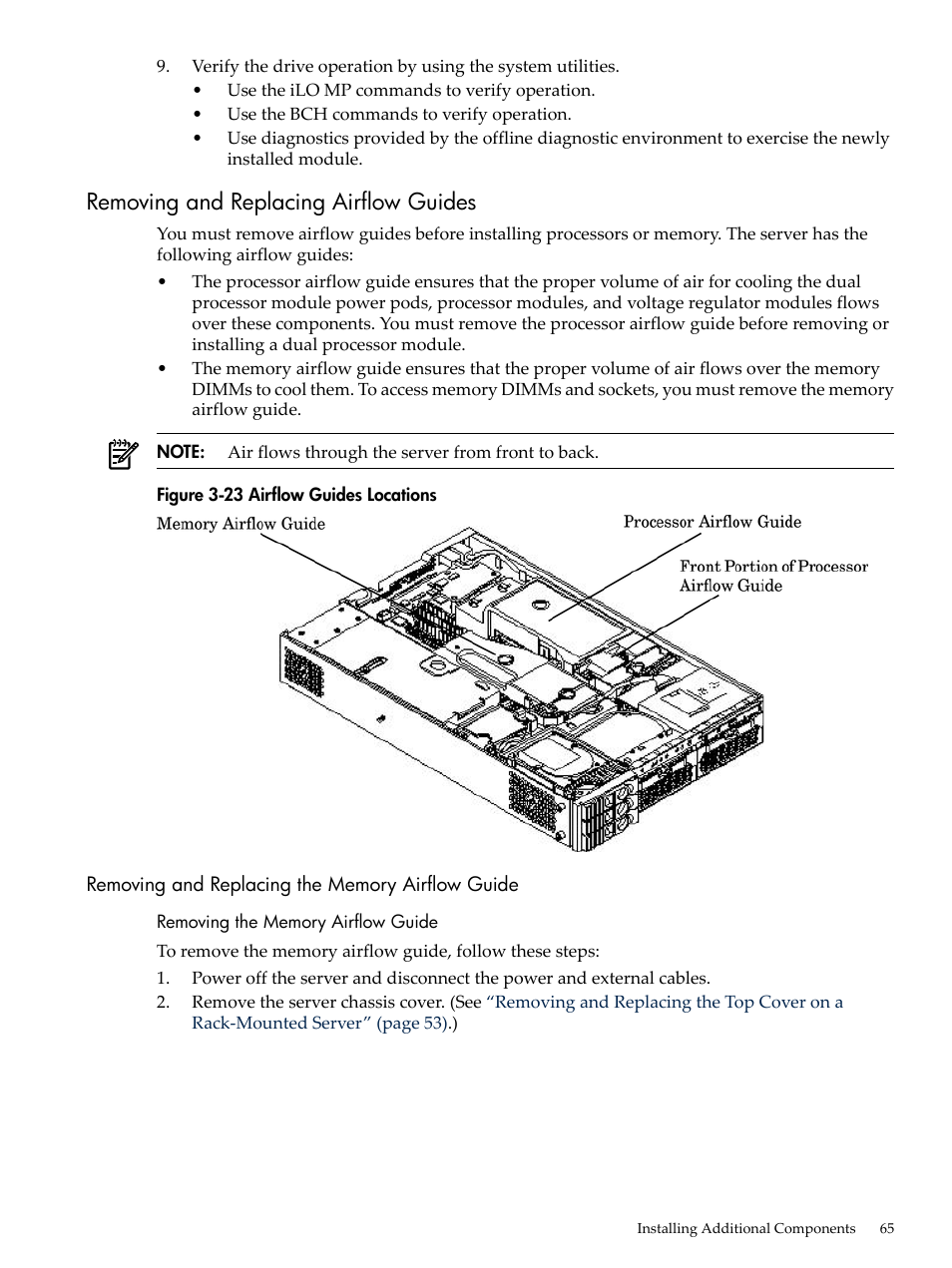 Removing and replacing airflow guides, Removing and replacing the memory airflow guide, Removing the memory airflow guide | Airflow guides locations | HP RP3440 User Manual | Page 65 / 210