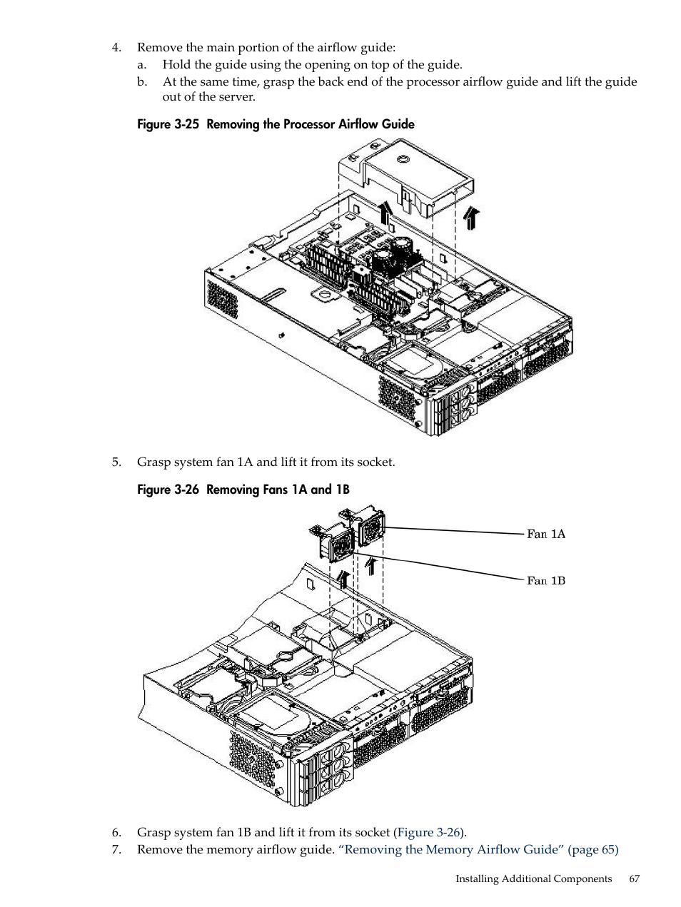 Removing the processor airflow guide, Removing fans 1a and 1b | HP RP3440 User Manual | Page 67 / 210