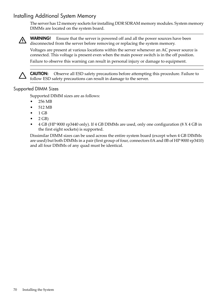 Installing additional system memory, Supported dimm sizes | HP RP3440 User Manual | Page 70 / 210