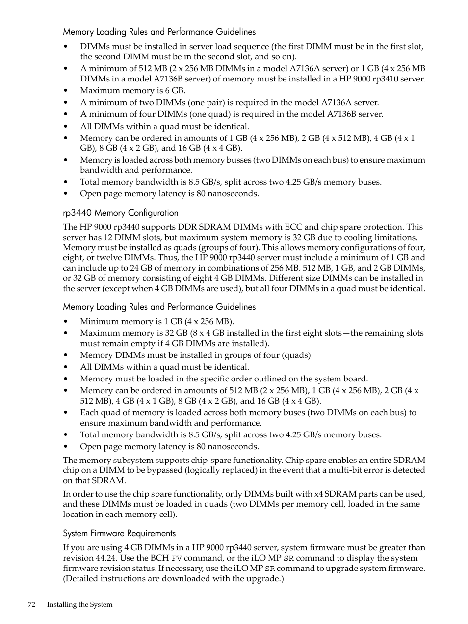 Memory loading rules and performance guidelines, Rp3440 memory configuration, System firmware requirements | HP RP3440 User Manual | Page 72 / 210