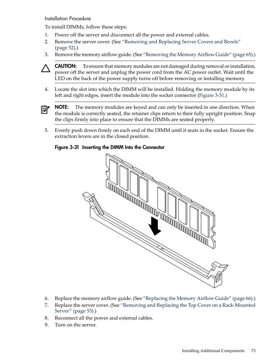 Installation procedure, Inserting the dimm into the connector | HP RP3440 User Manual | Page 73 / 210