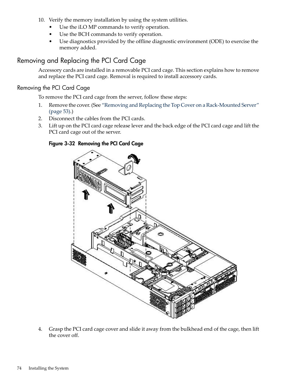 Removing and replacing the pci card cage, Removing the pci card cage | HP RP3440 User Manual | Page 74 / 210