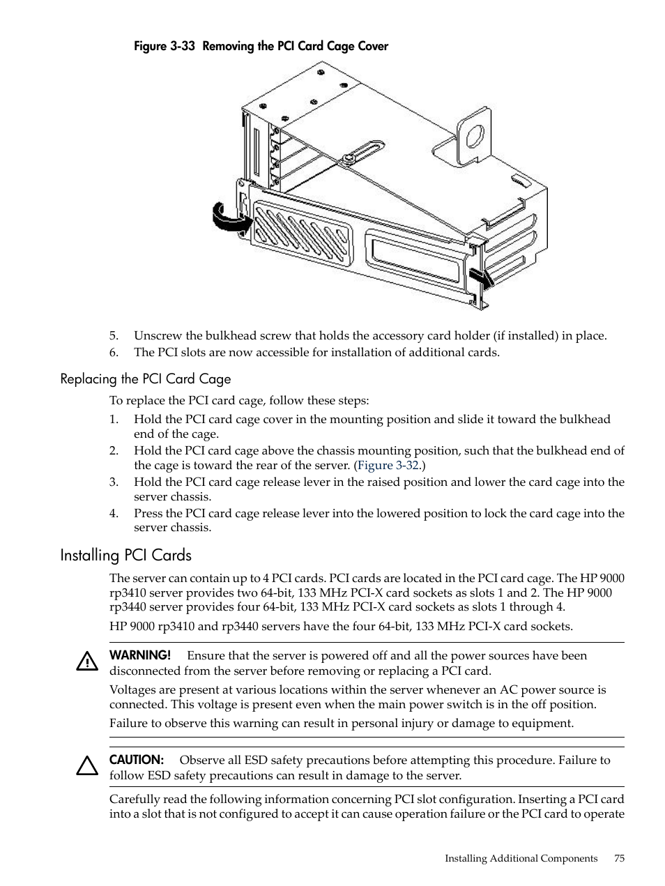 Replacing the pci card cage, Installing pci cards, Removing the pci card cage cover | HP RP3440 User Manual | Page 75 / 210