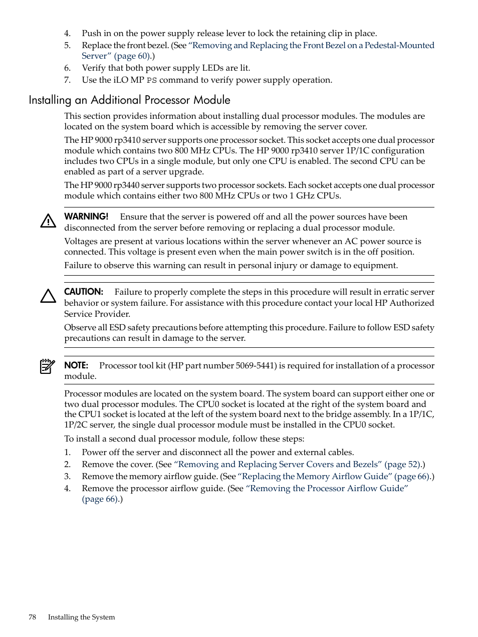 Installing an additional processor module | HP RP3440 User Manual | Page 78 / 210