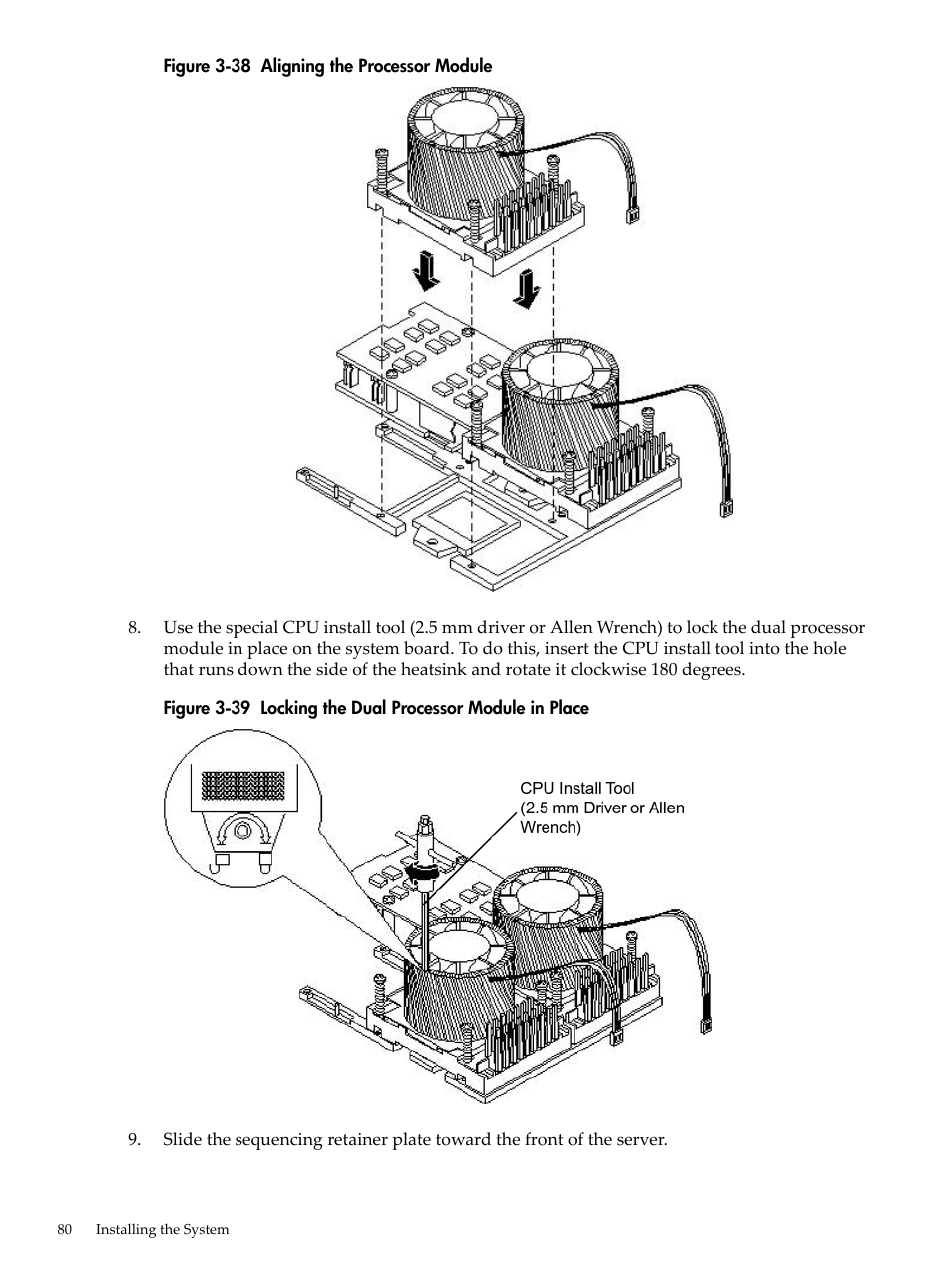 Aligning the processor module, Locking the dual processor module in place | HP RP3440 User Manual | Page 80 / 210