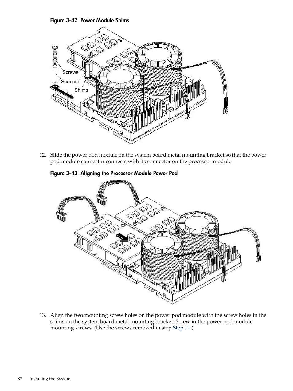 Power module shims, Aligning the processor module power pod | HP RP3440 User Manual | Page 82 / 210