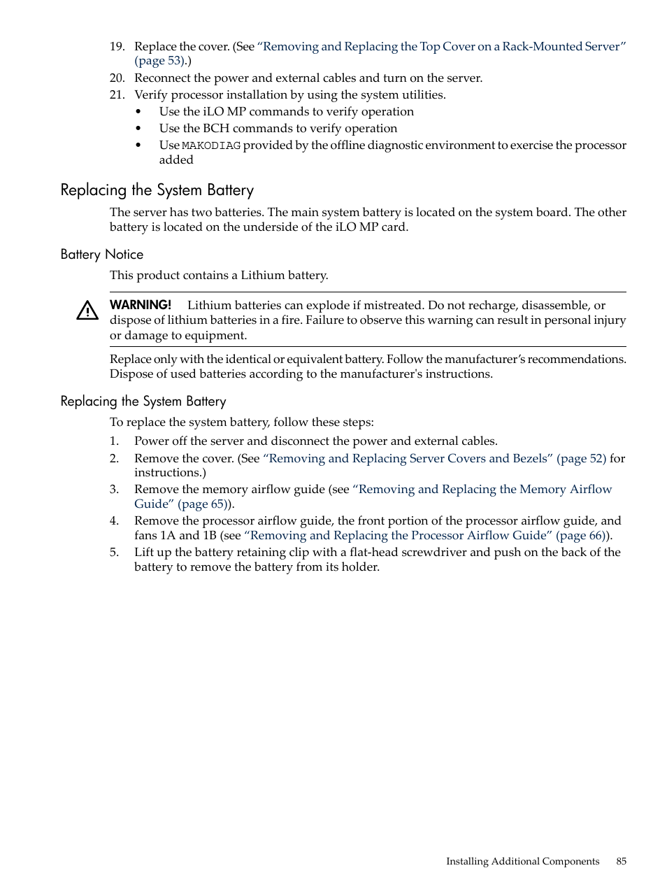 Replacing the system battery, Battery notice, Battery notice replacing the system battery | HP RP3440 User Manual | Page 85 / 210