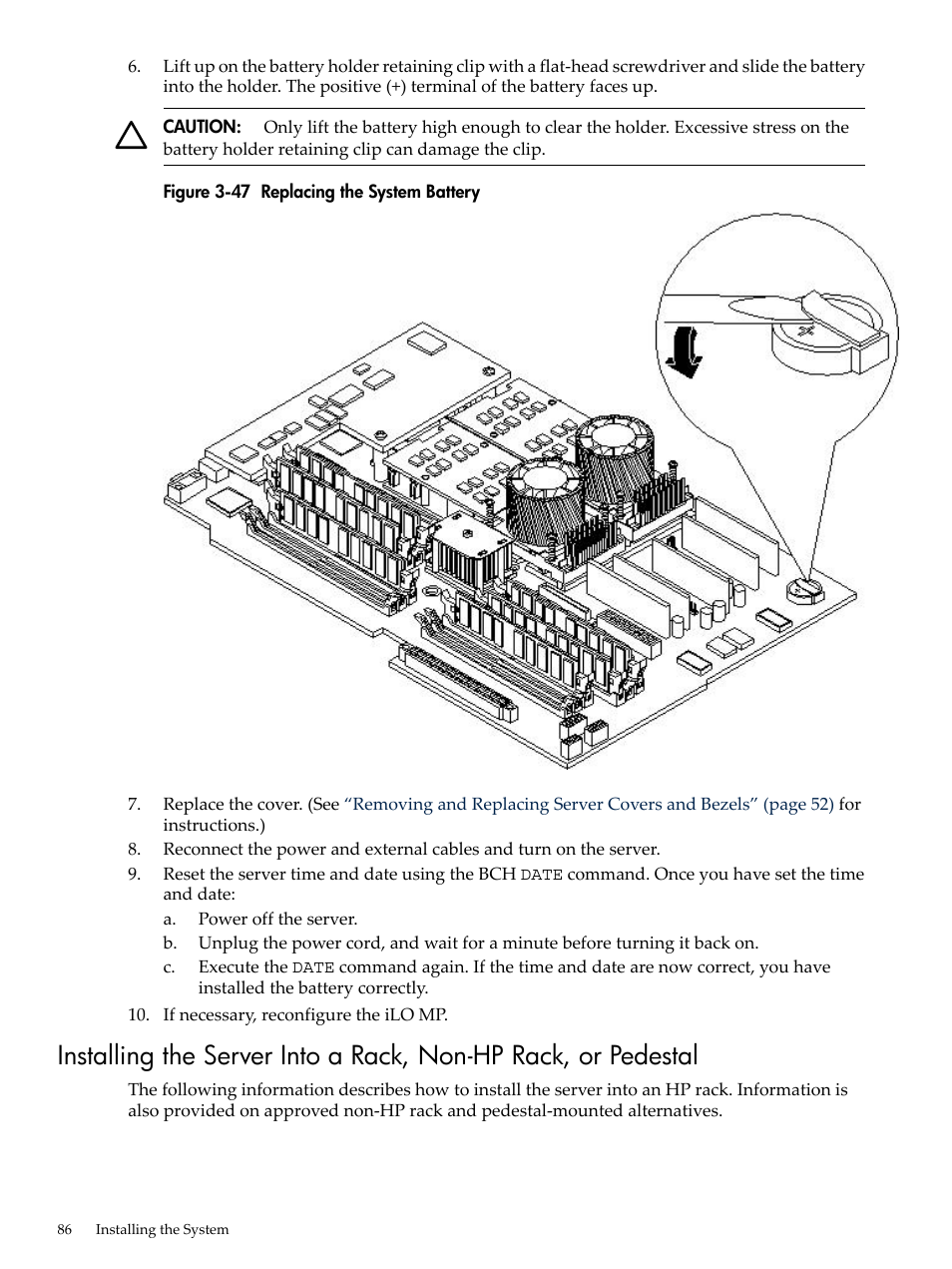 Replacing the system battery | HP RP3440 User Manual | Page 86 / 210
