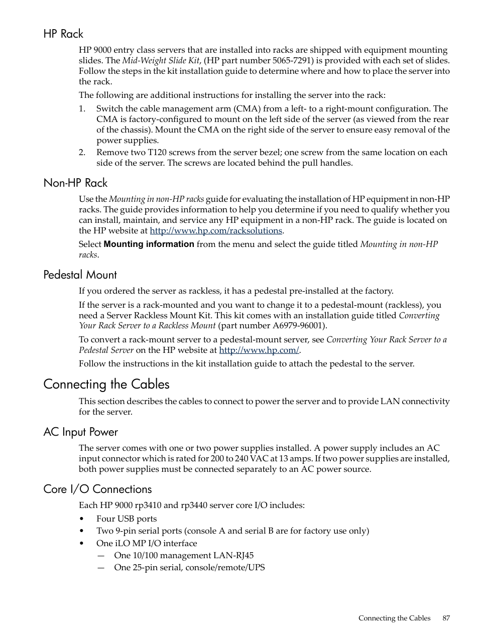 Hp rack, Non-hp rack, Pedestal mount | Connecting the cables, Ac input power, Core i/o connections, Hp rack non-hp rack pedestal mount, Ac input power core i/o connections | HP RP3440 User Manual | Page 87 / 210