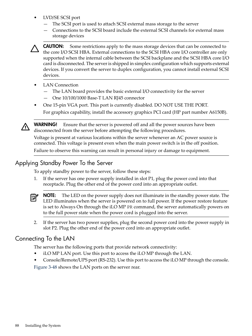 Applying standby power to the server, Connecting to the lan | HP RP3440 User Manual | Page 88 / 210