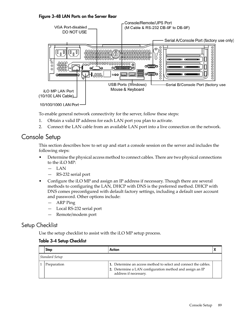 Console setup, Setup checklist, Lan ports on the server rear | HP RP3440 User Manual | Page 89 / 210