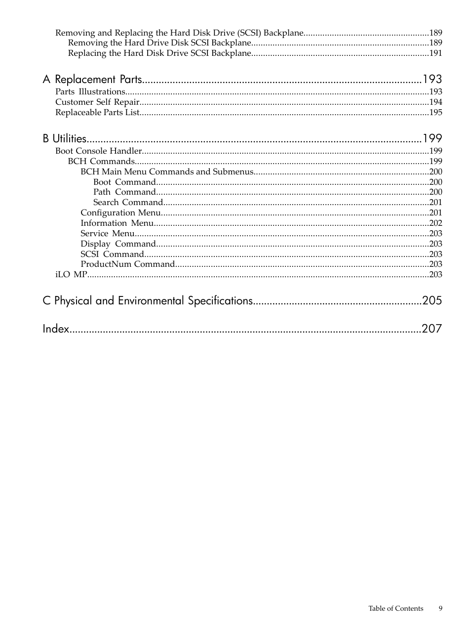 A replacement parts, B utilities, C physical and environmental specifications index | HP RP3440 User Manual | Page 9 / 210