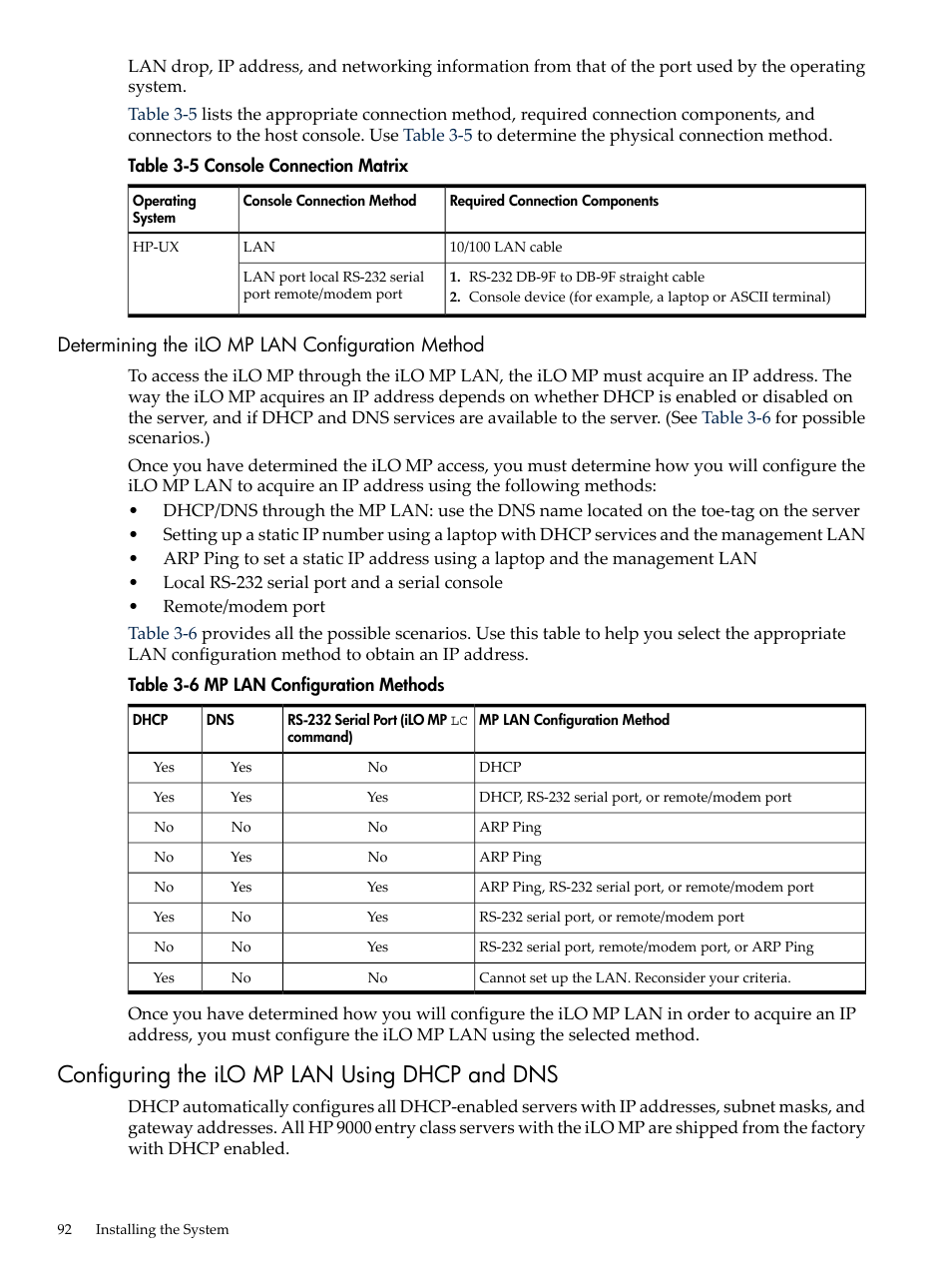 Determining the ilo mp lan configuration method, Configuring the ilo mp lan using dhcp and dns, Console connection matrix | Mp lan configuration methods | HP RP3440 User Manual | Page 92 / 210