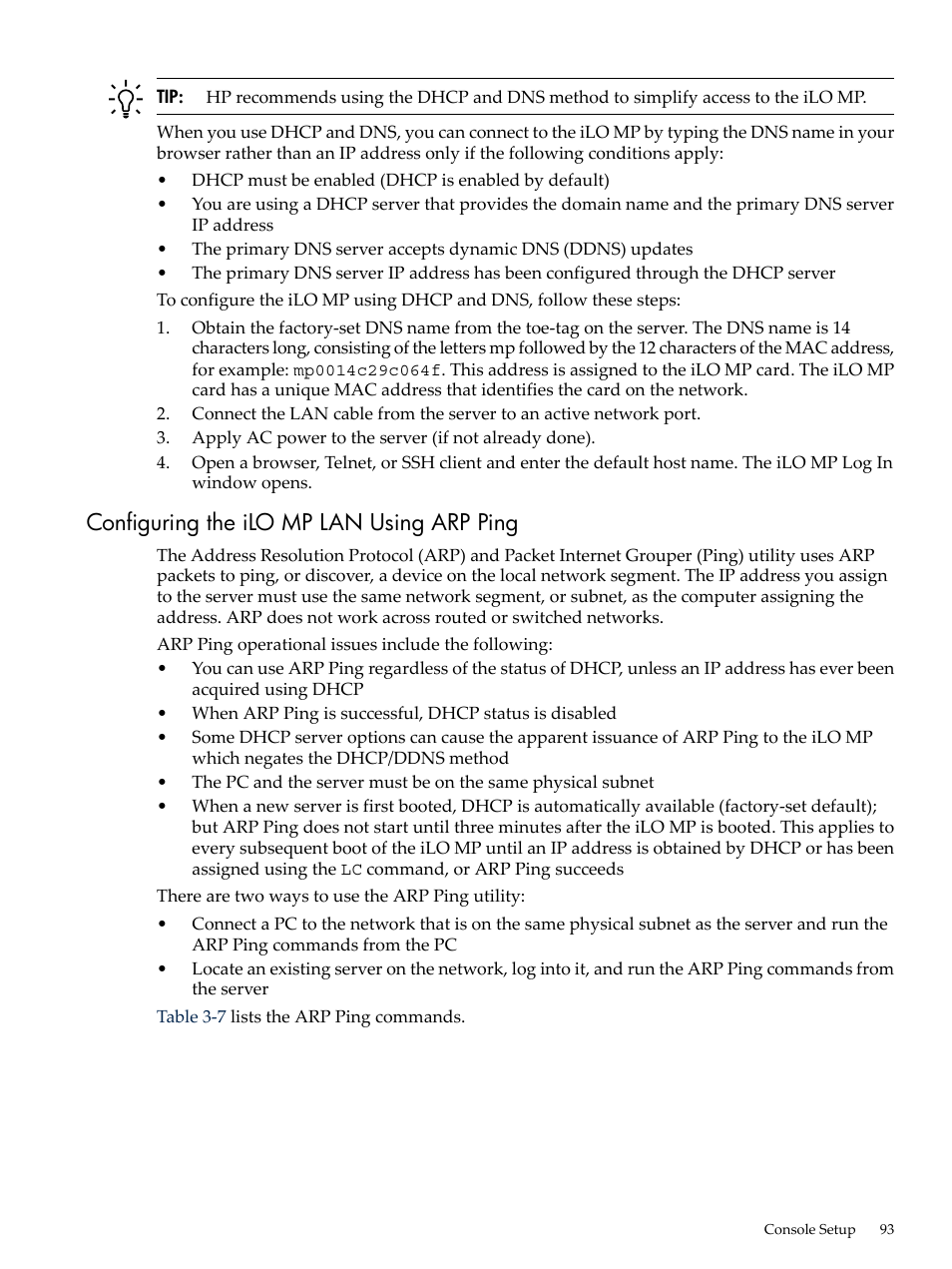 Configuring the ilo mp lan using arp ping | HP RP3440 User Manual | Page 93 / 210