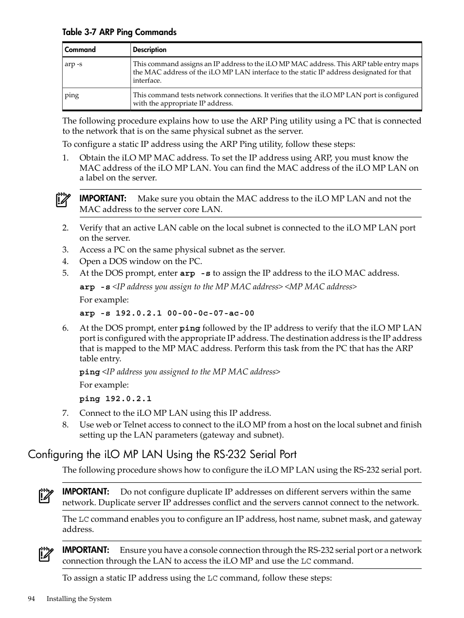 Arp ping commands | HP RP3440 User Manual | Page 94 / 210