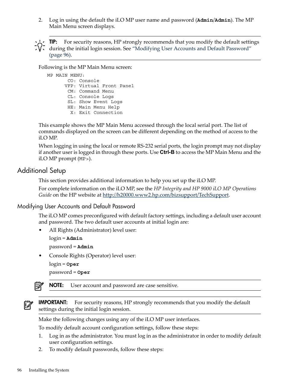 Additional setup, Modifying user accounts and default password | HP RP3440 User Manual | Page 96 / 210