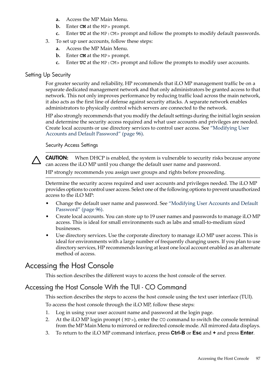 Setting up security, Security access settings, Accessing the host console | HP RP3440 User Manual | Page 97 / 210