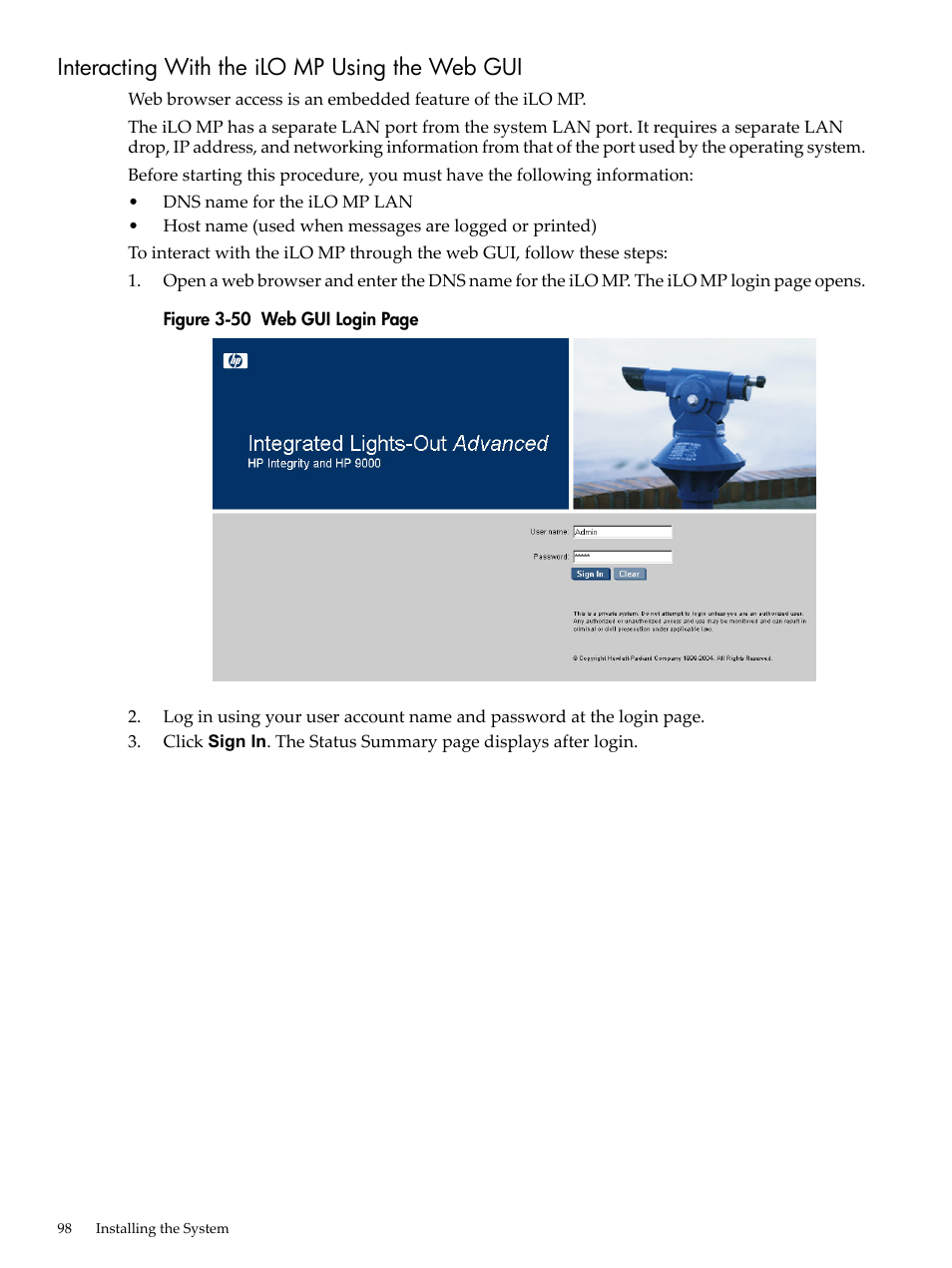 Interacting with the ilo mp using the web gui | HP RP3440 User Manual | Page 98 / 210
