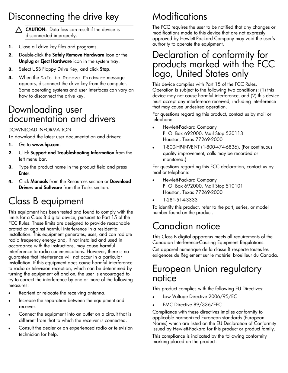 Disconnecting the drive key, Downloading user documentation and drivers, Class b equipment | Modifications, Canadian notice, European union regulatory notice | HP USB Floppy Drive Key User Manual | Page 2 / 3