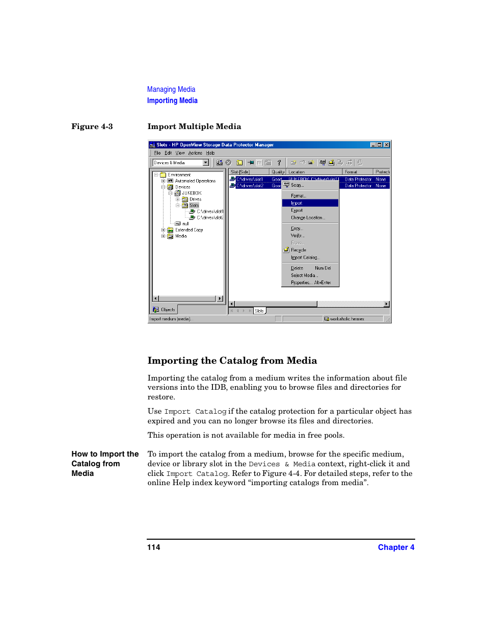 Importing the catalog from media | HP B6960-90078 User Manual | Page 144 / 856