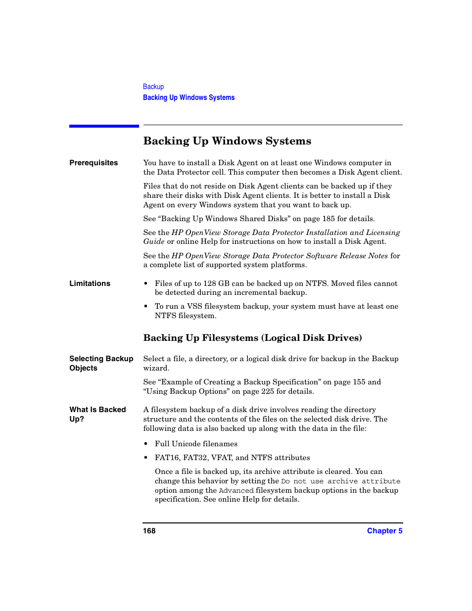 Backing up windows systems, Backing up filesystems (logical disk drives), Warnings when backing up system disks | HP B6960-90078 User Manual | Page 198 / 856