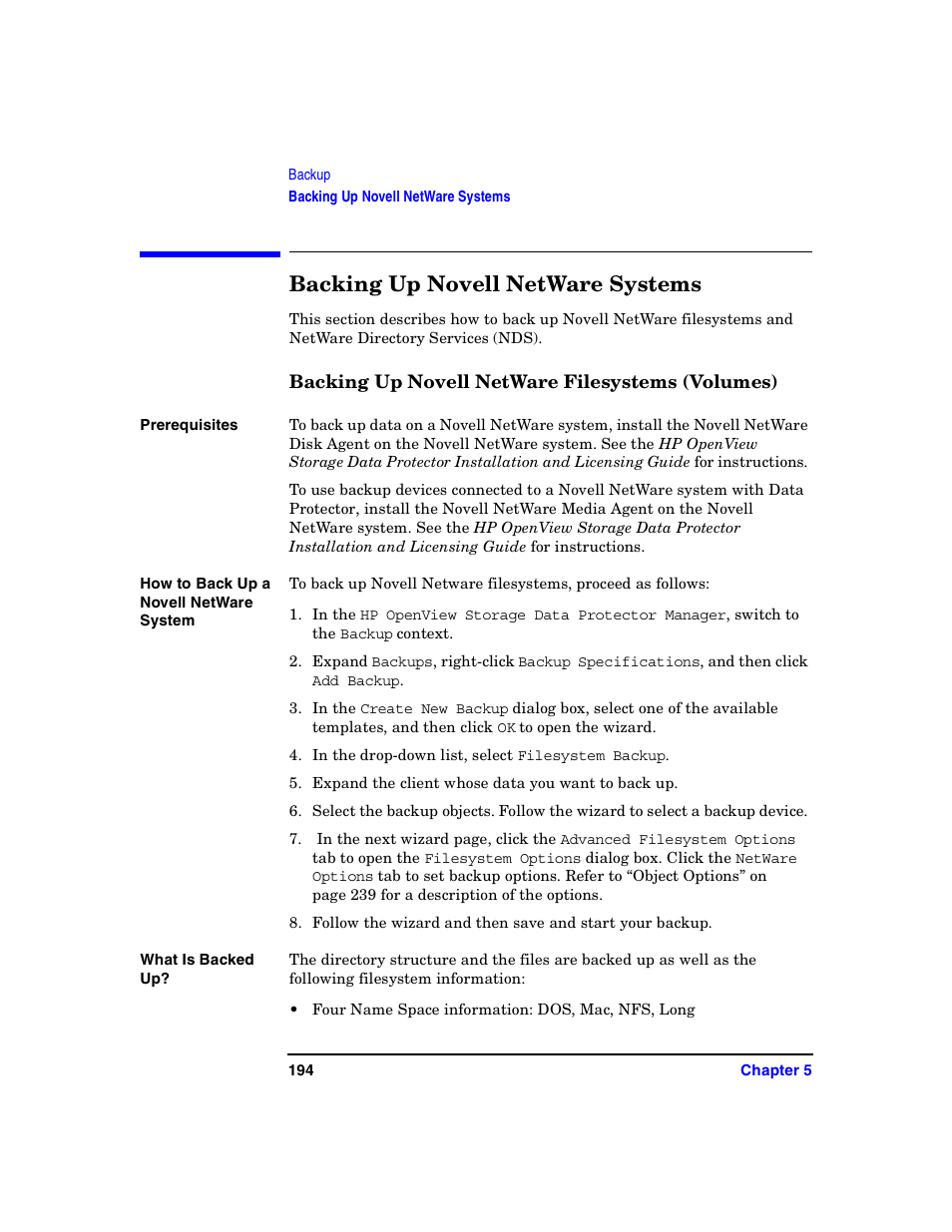 Backing up novell netware systems, Backing up novell netware filesystems (volumes) | HP B6960-90078 User Manual | Page 224 / 856