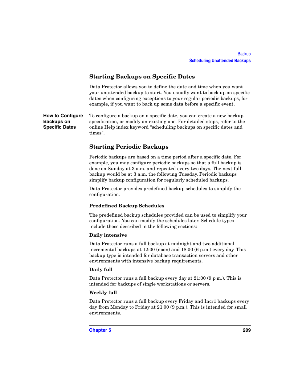 Starting backups on specific dates, Starting periodic backups, Predefined backup schedules | HP B6960-90078 User Manual | Page 239 / 856