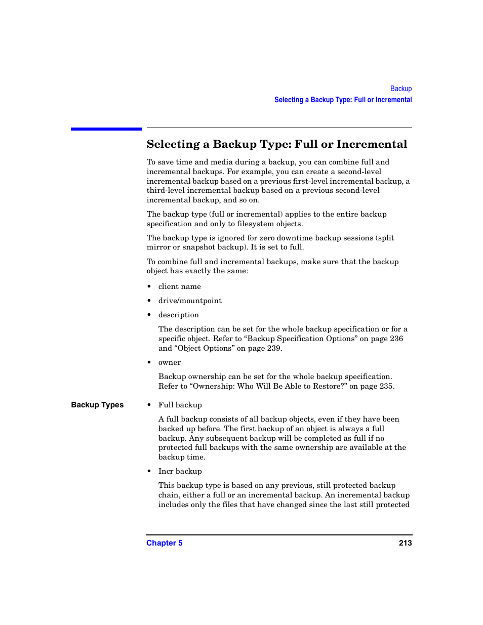 Selecting a backup type: full or incremental | HP B6960-90078 User Manual | Page 243 / 856