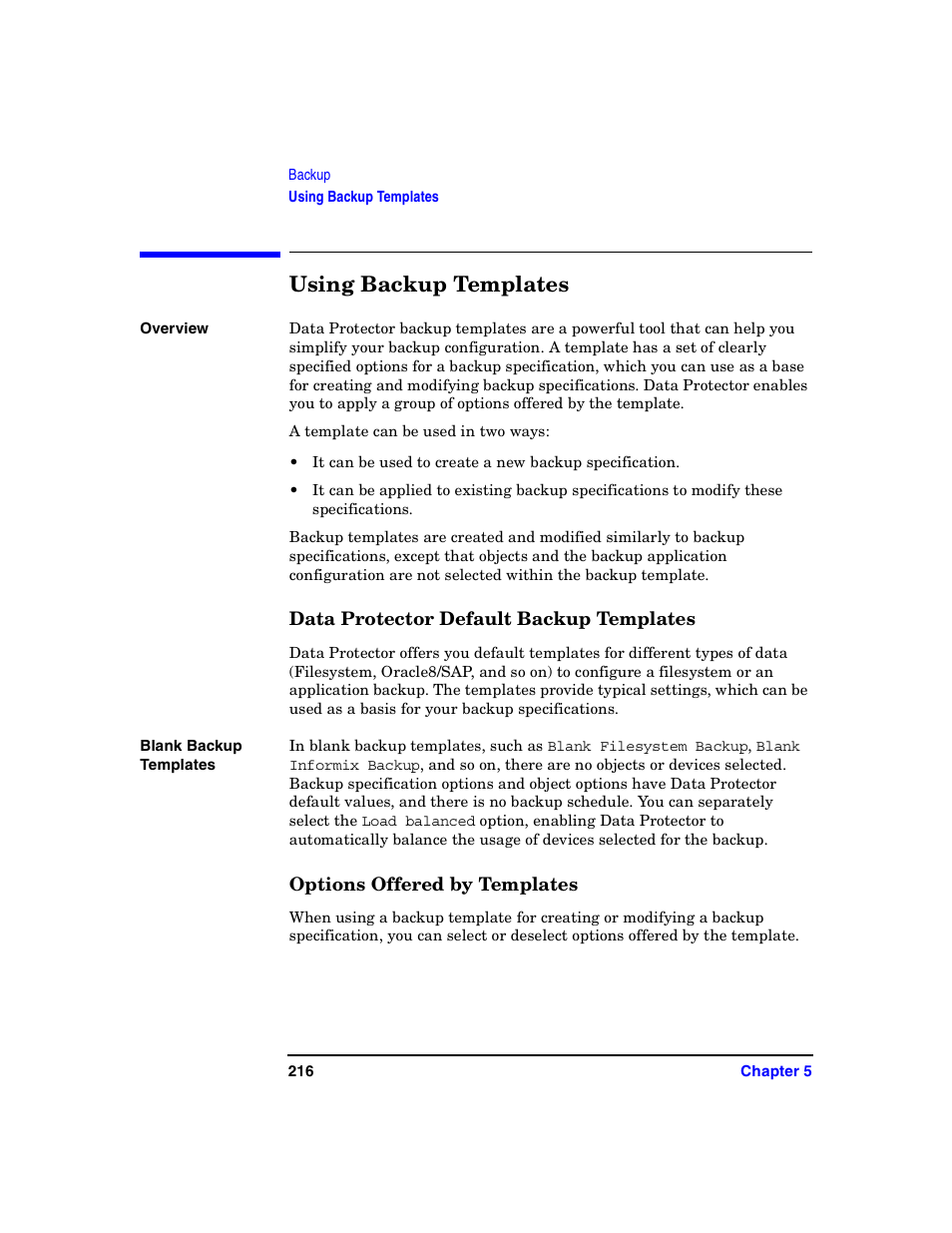Using backup templates, Data protector default backup templates, Options offered by templates | HP B6960-90078 User Manual | Page 246 / 856
