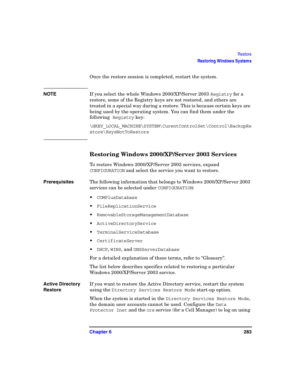 Restoring windows 2000/xp/server 2003 services | HP B6960-90078 User Manual | Page 313 / 856