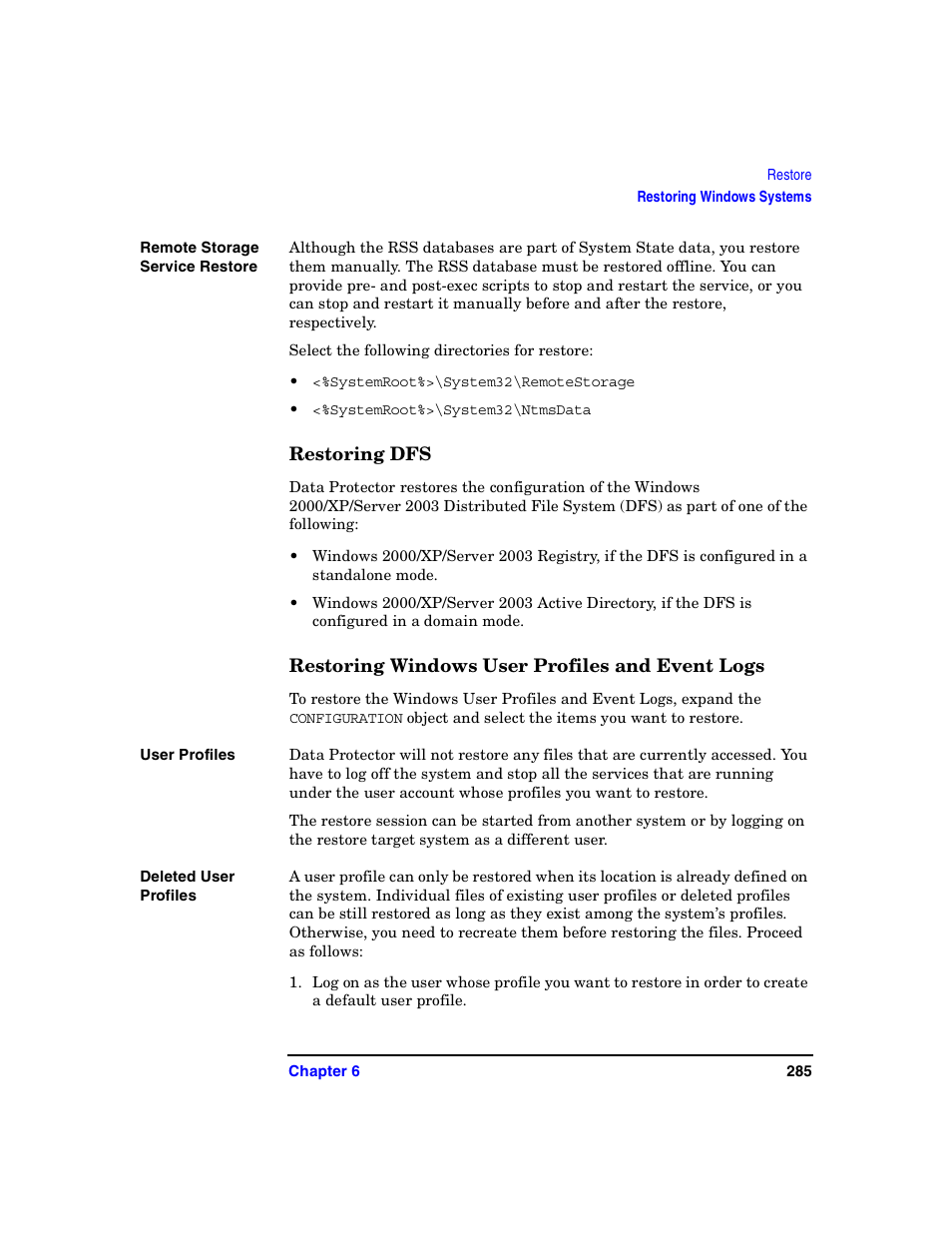 Restoring dfs, Restoring windows user profiles and event logs | HP B6960-90078 User Manual | Page 315 / 856