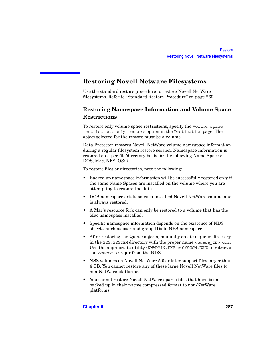 Restoring novell netware filesystems, Restoring namespace information | HP B6960-90078 User Manual | Page 317 / 856
