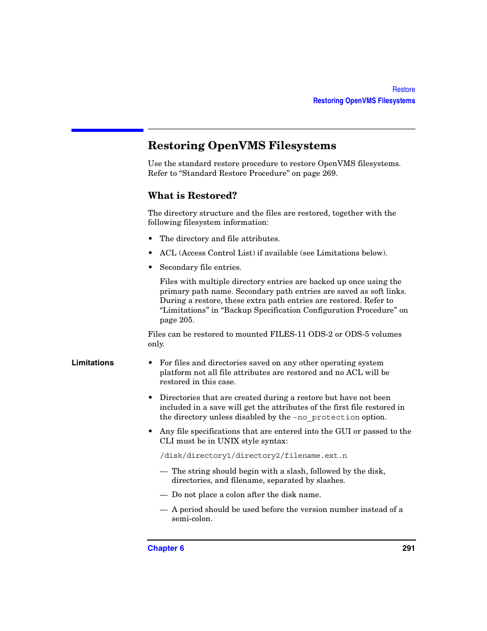 Restoring openvms filesystems, What is restored | HP B6960-90078 User Manual | Page 321 / 856