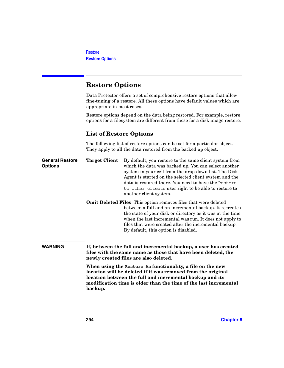 Restore options, List of restore options | HP B6960-90078 User Manual | Page 324 / 856