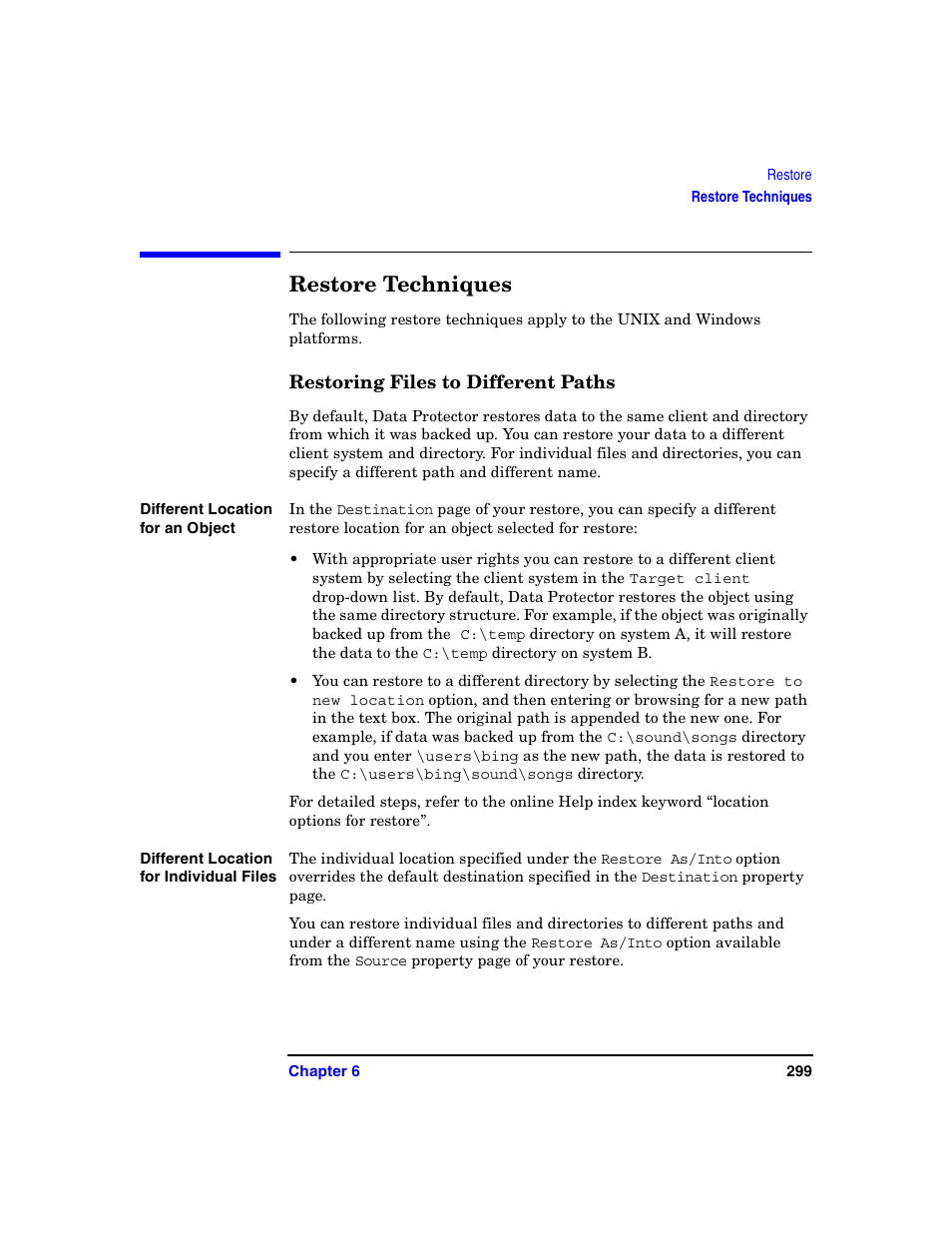 Restore techniques, Restoring files to different paths | HP B6960-90078 User Manual | Page 329 / 856