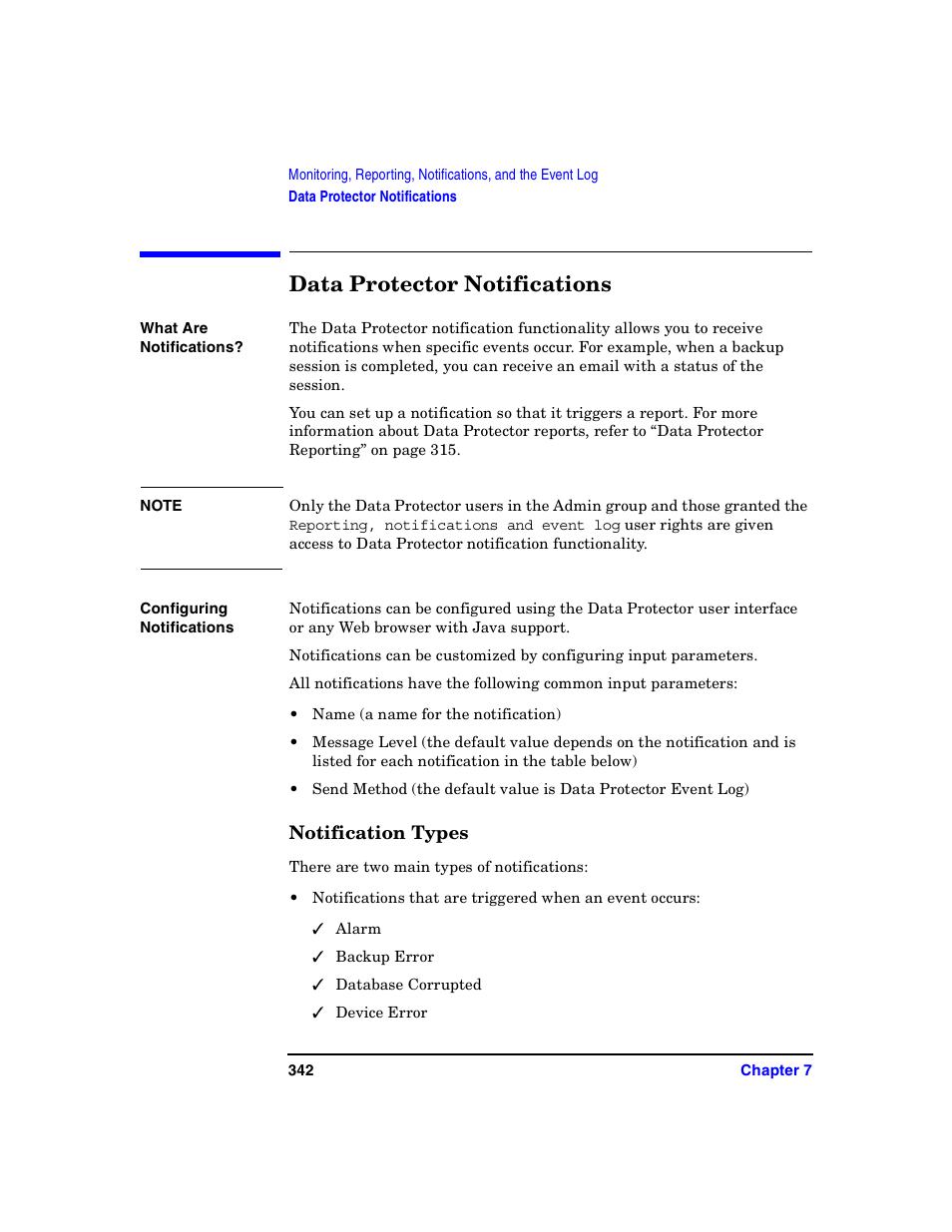 Data protector notifications, Notification types | HP B6960-90078 User Manual | Page 372 / 856