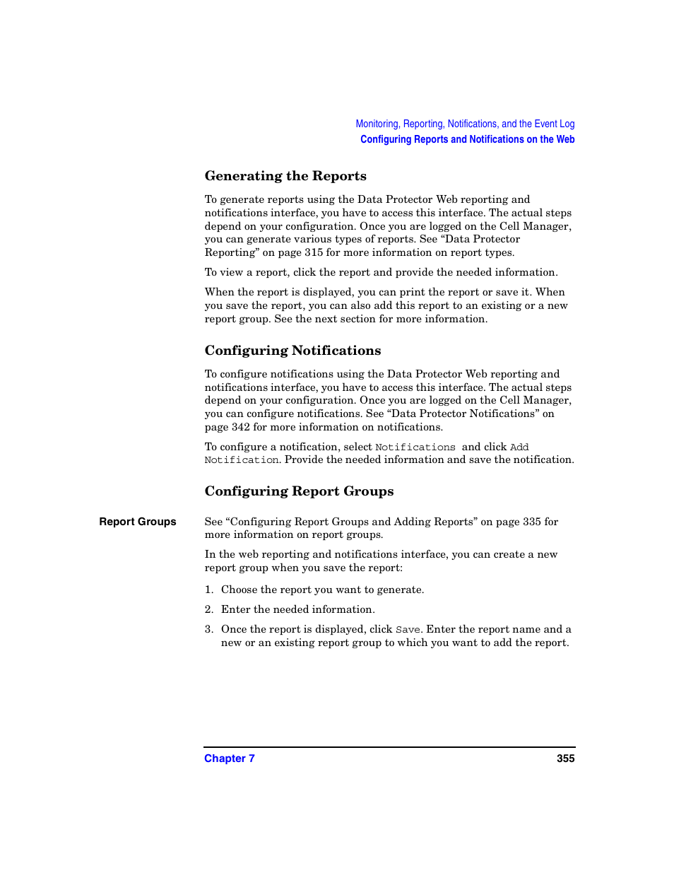 Generating the reports, Configuring notifications, Configuring report groups | HP B6960-90078 User Manual | Page 385 / 856