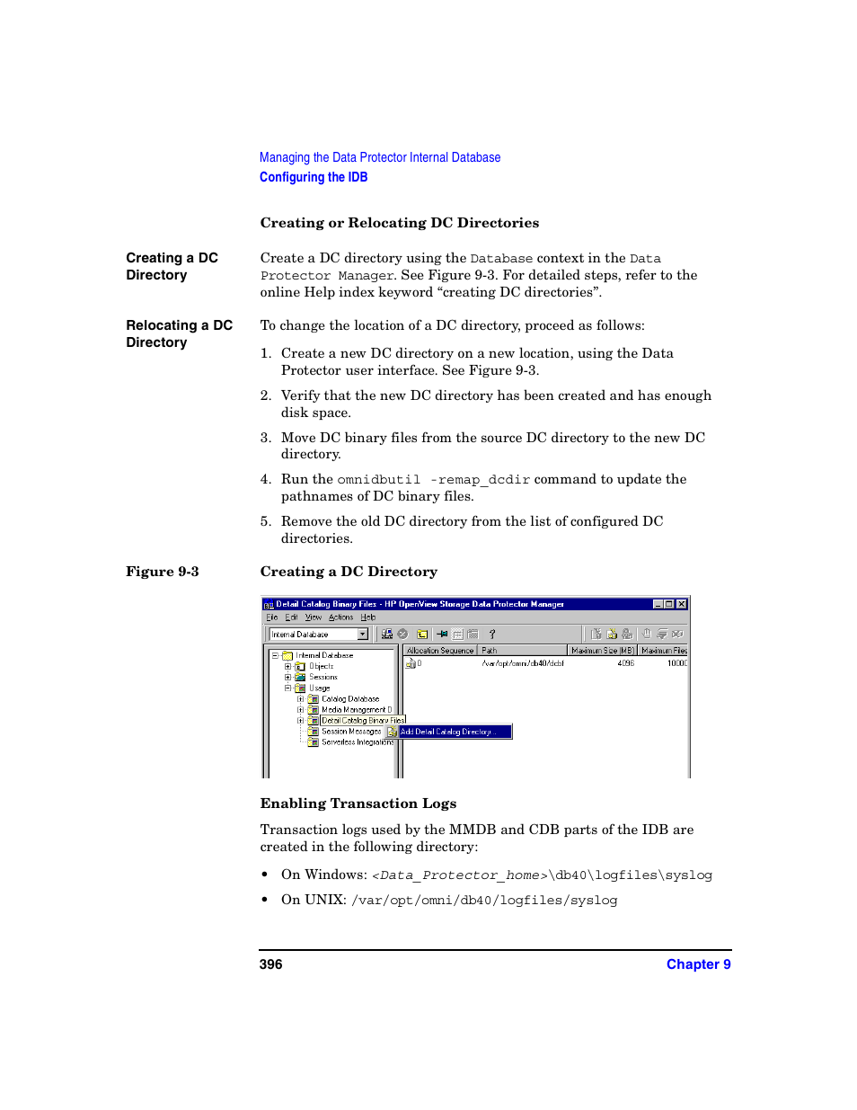 Creating or relocating dc directories, Enabling transaction logs, Enabling transaction logs” on | HP B6960-90078 User Manual | Page 426 / 856