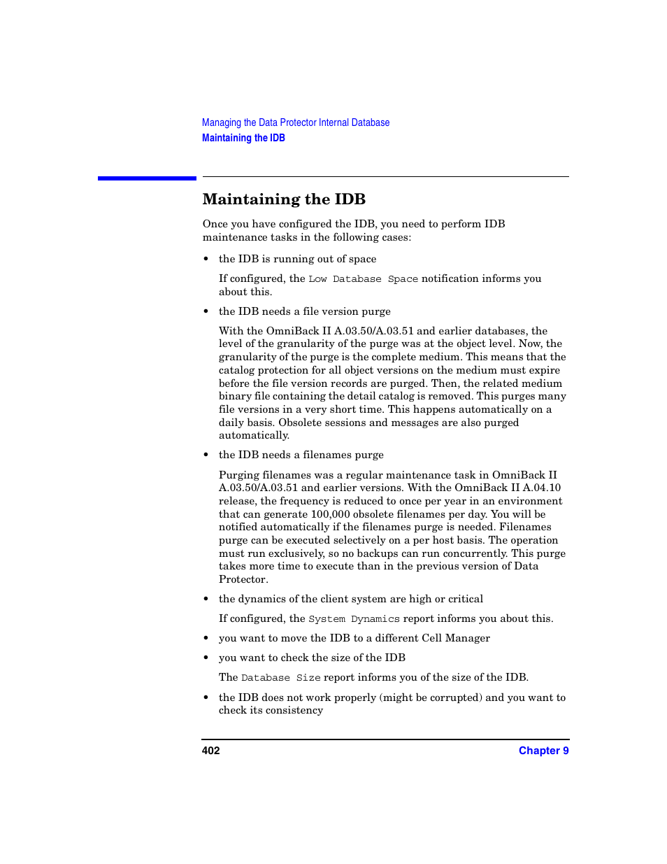 Maintaining the idb, Limitations | HP B6960-90078 User Manual | Page 432 / 856