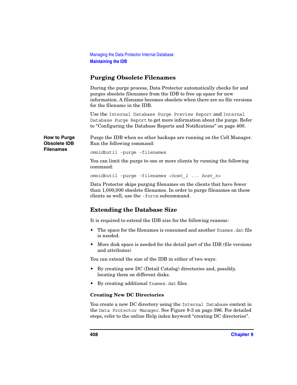 Purging obsolete filenames, Extending the database size, Creating new dc directories | Extending the, Purging obsolete | HP B6960-90078 User Manual | Page 438 / 856