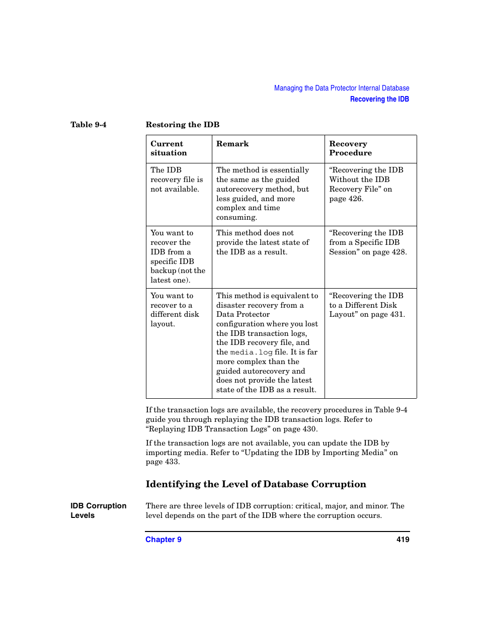 Identifying the level of database corruption | HP B6960-90078 User Manual | Page 449 / 856