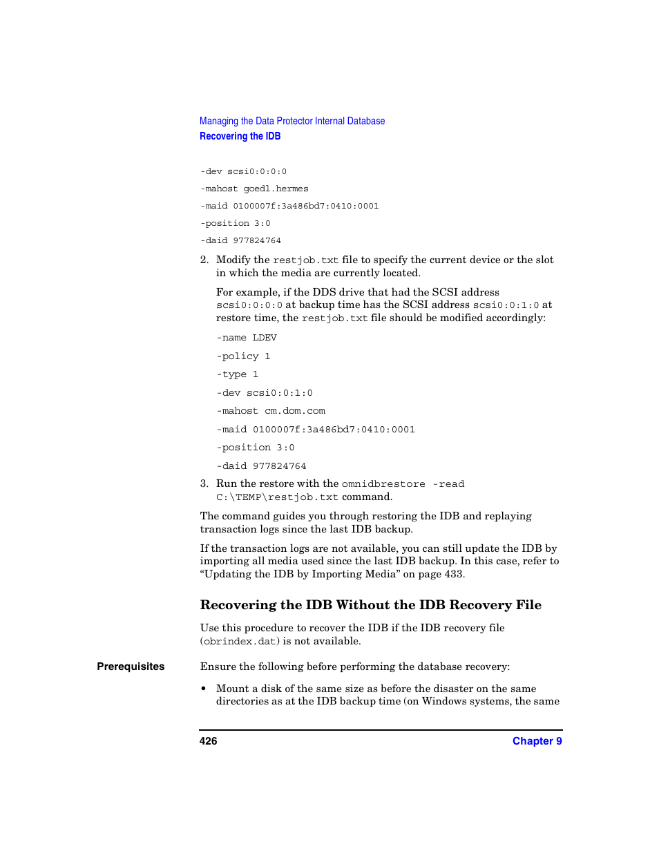 Recovering the idb without the idb recovery file | HP B6960-90078 User Manual | Page 456 / 856
