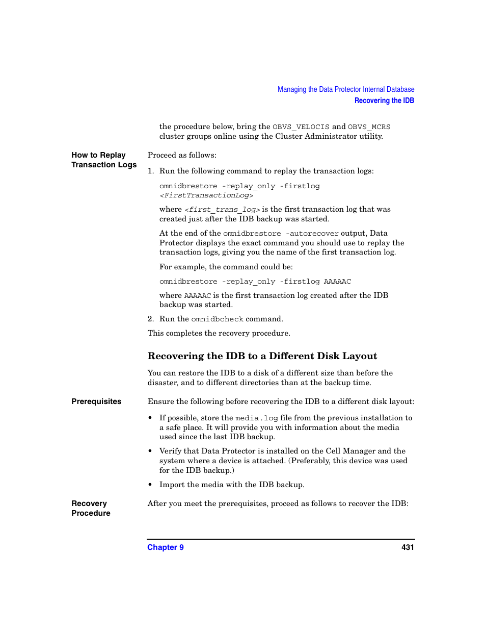 Recovering the idb to a different disk layout | HP B6960-90078 User Manual | Page 461 / 856