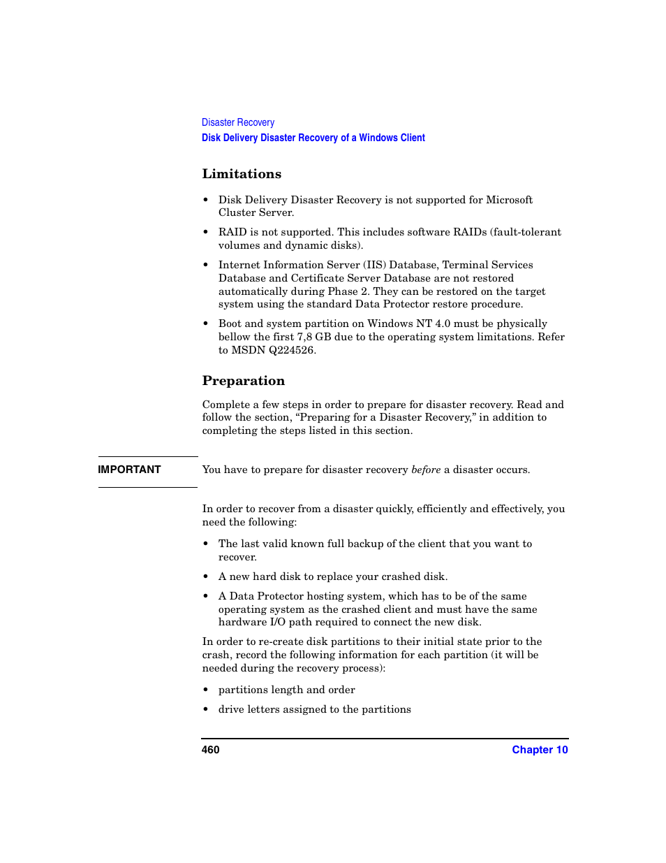 Limitations, Preparation, Troubleshooting disaster recovery on windows | HP B6960-90078 User Manual | Page 490 / 856