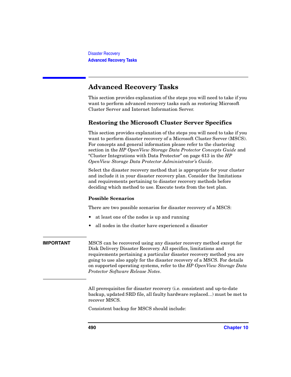 Advanced recovery tasks, Restoring the microsoft cluster server specifics, Possible scenarios | HP B6960-90078 User Manual | Page 520 / 856